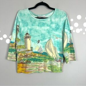 Vintage Take Two Ocean Scene Top Size L Beaded Sailboat & LIghthouse Cotton